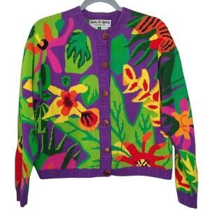 Jack B. Quick Vintage Floral Knit Cardigan Sweater Sz S Bold Colors Pre-Owned